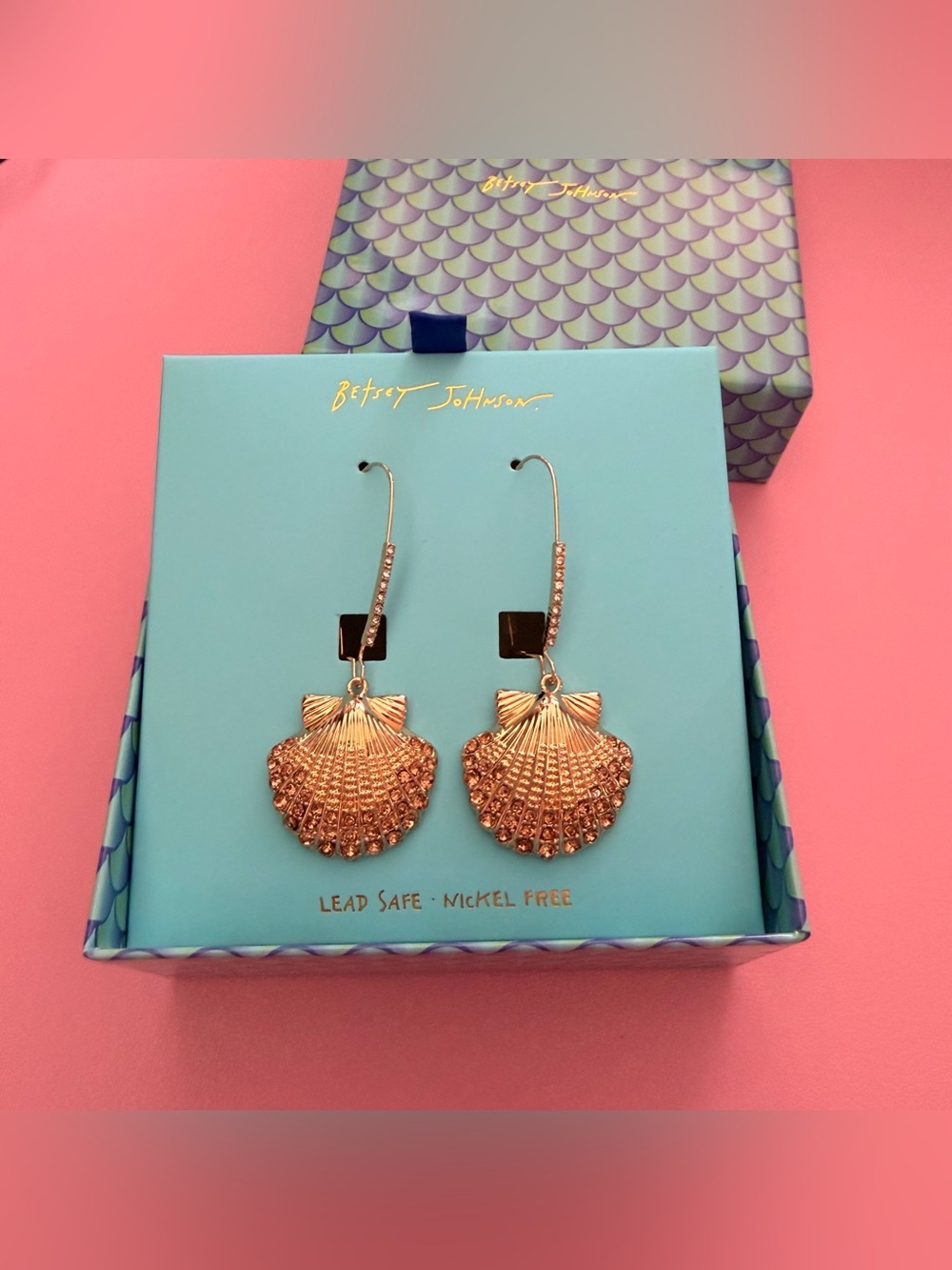Betsey Johnson Rose Gold Shell Drop Earrings with Crystal Hooks